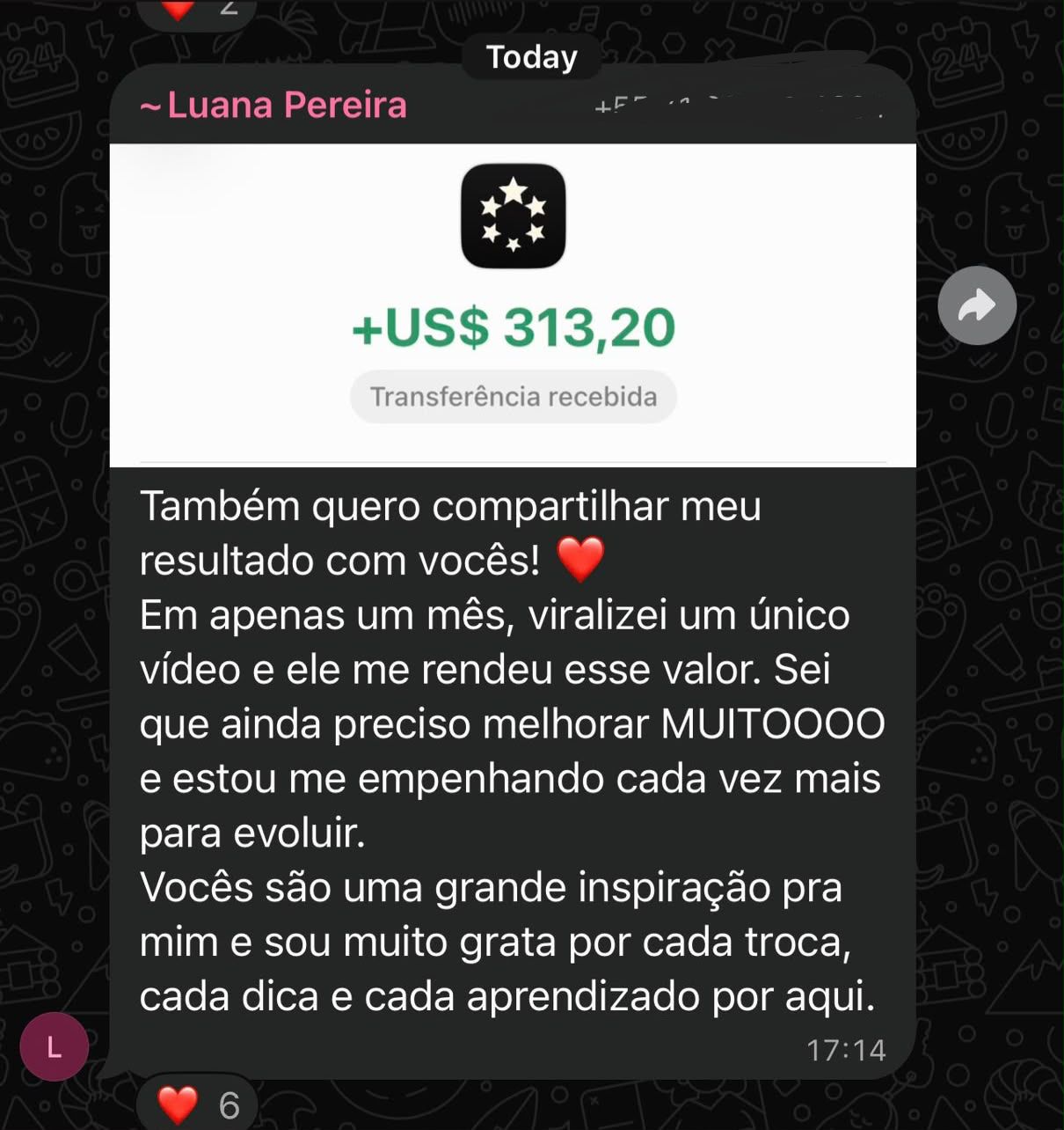 Print do depoimento da Luana Pereira recebendo +US$ 313,20 em um mês