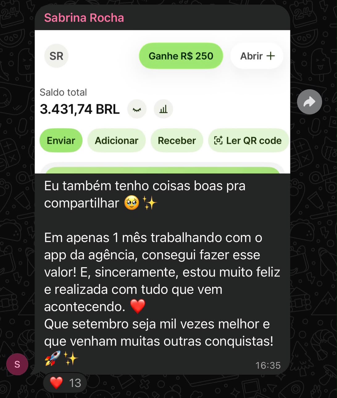Print do depoimento da Sabrina Rocha com saldo de R$ 3.431,74 em 1 mês